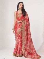 Red Organza Digital Print Saree